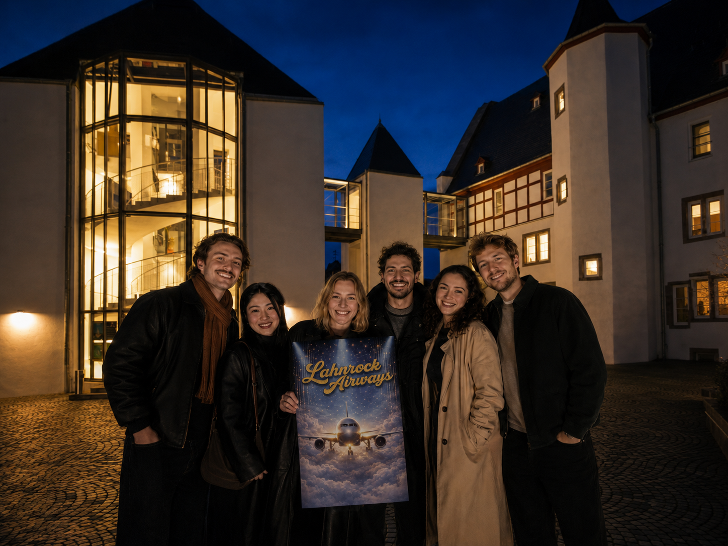 Freunde mit dem Lahnrock-Airways-Plakat vor dem Theater Lahnstein