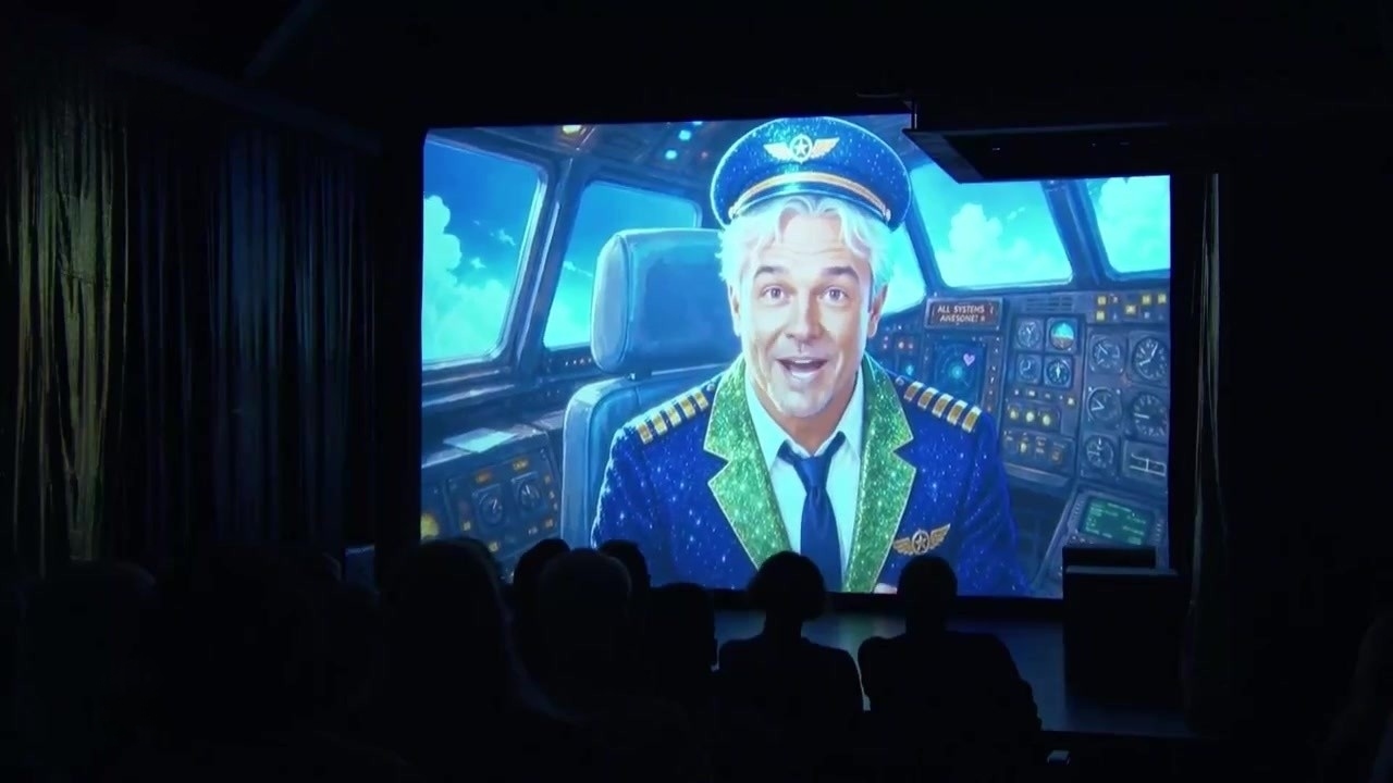 Captain Hans Peter Otto meldet sich als animierte Comicfigur aus dem Cockpit – Projektion im Theater Lahnstein